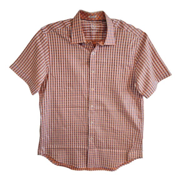 Bugatchi Uomo Designer Short Sleeve Men's Shirt SZ L Orange Plaid - Picture 1 of 8